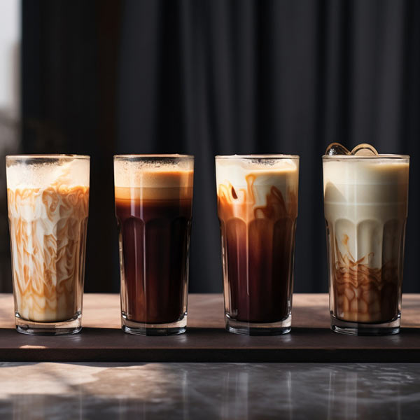 Eine Reihe von vier verschiedenen Eiskaffees in hohen Gläsern, aufgereiht auf einer Arbeitsfläche, mit einem dunklen Hintergrund.