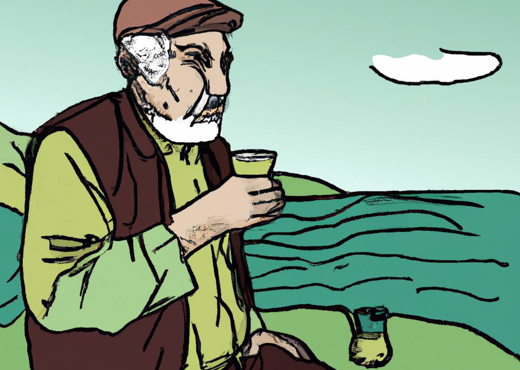Ein alter türkischer Mann sitzt am Strand vom Schwarzen Meer und trinkt türkischen Tee. Im Hintergrund sind die hohen und grünen Berge der türkischen Schwarzmeer-Region sichtbar. Es handelt sich um eine Handzeichnung.