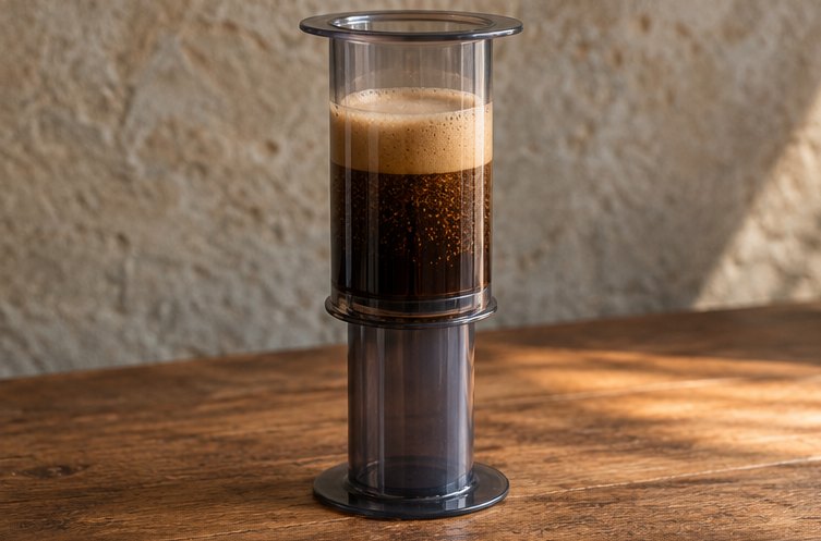 Umgedrehter Kaffeebereiter steht auf seinem Kolben, gefüllt mit Kaffee und hellbraunem Schaum