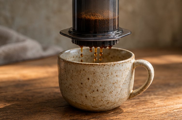 Kaffee tropft aus der Filterkappe des Kaffeebereiters in eine gesprenkelte Keramiktasse