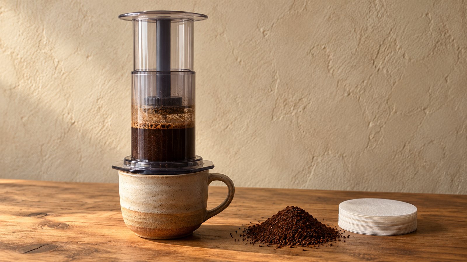 Kaffeebereiter aus durchsichtigem Kunststoff mit eingesetztem Kolben auf einer Keramiktasse, daneben gemahlener Kaffee und runde Papierfilter