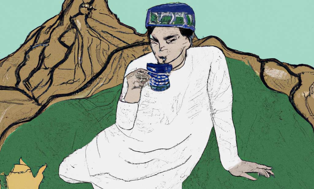 Ein junger afghanischer Mann sitzt auf dem Boden und genießt eine Tasse afghanischen Tees. Seine Haltung ist entspannt, während er das warme Getränk in seiner Hand hält. In der Umgebung um ihn herum erstrecken sich majestätische hohe grüne Berge. Ein handgezeichnetes Porträt des Mannes zeigt seine Gesichtszüge und sein Ausdruck. Obwohl er blind ist, strahlt er eine innere Ruhe und Gelassenheit aus, während er seine Sinne auf andere Weise einsetzt, um die Schönheit seiner Umgebung zu erfassen.