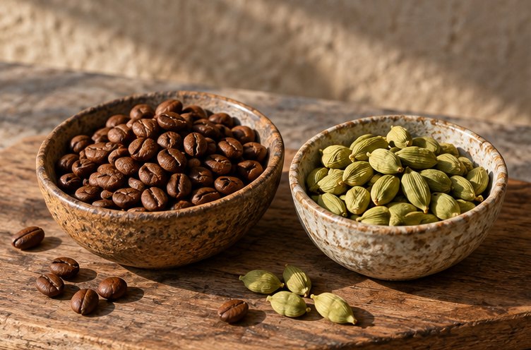 Zwei Schalen, eine mit gerösteten Kaffeebohnen, eine mit grünen Kardamomkapseln