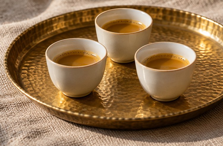 Drei kleine henkellose Tassen mit goldgelbem Kaffee auf einem runden Messingtablett