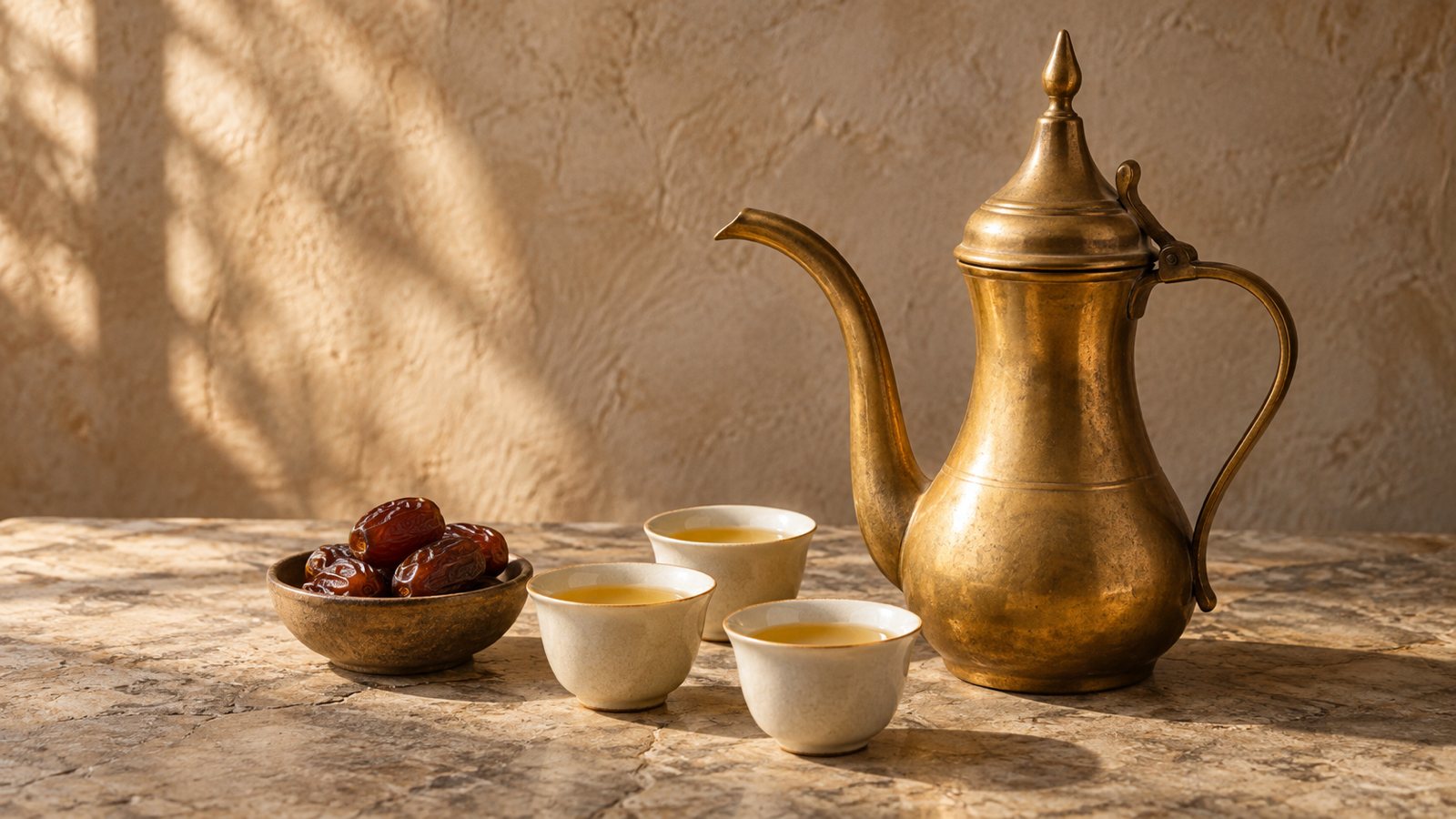 Wie wird arabischer Kaffee mit Kardamom zubereitet? Messingkanne mit langem Ausguss, drei kleine Tassen mit goldgelbem Kaffee und eine Schale Datteln