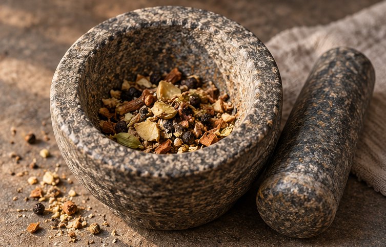Mörser mit zerstoßenen Gewürzen für Masala Chai