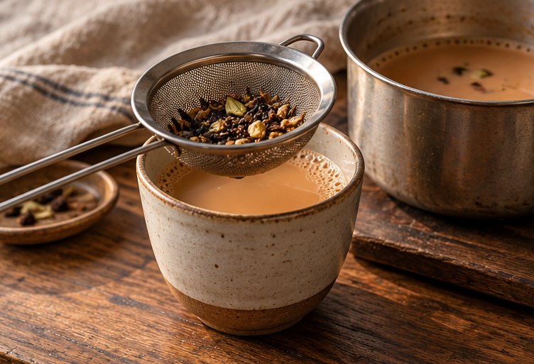 Chai wird durch ein Sieb in eine Tasse gegossen