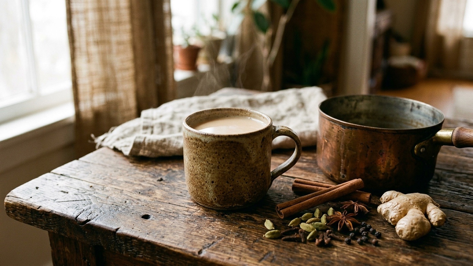 Keramiktasse mit Masala Chai neben einem Kupfertopf, Zimtstangen, Kardamom, Nelken, Pfeffer, Sternanis und Ingwer