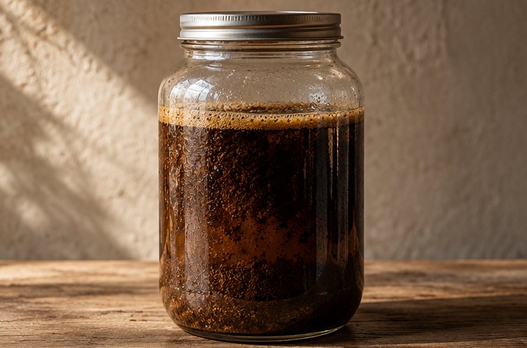 Verschlossenes Einmachglas mit grob gemahlenem Kaffee in kaltem Wasser