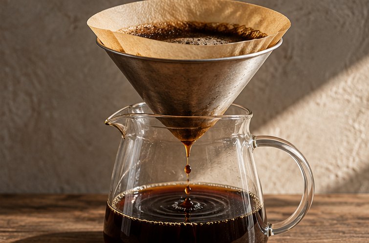Trichter mit Papierfilter über einem Glaskrug, aus dem dunkler Kaffee tropft