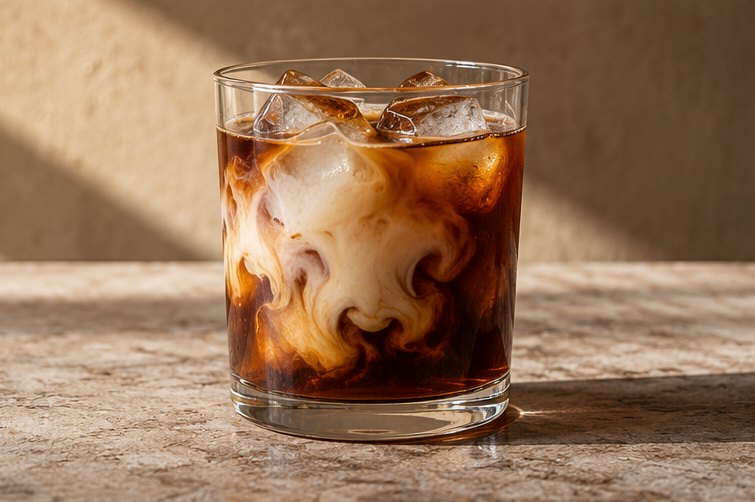 Glas Cold Brew mit Eiswürfeln, in das sich Milch in Schlieren mischt