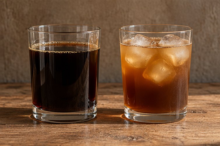 Zwei Gläser nebeneinander, links fast schwarzes Konzentrat, rechts mit Wasser und Eis verdünnt