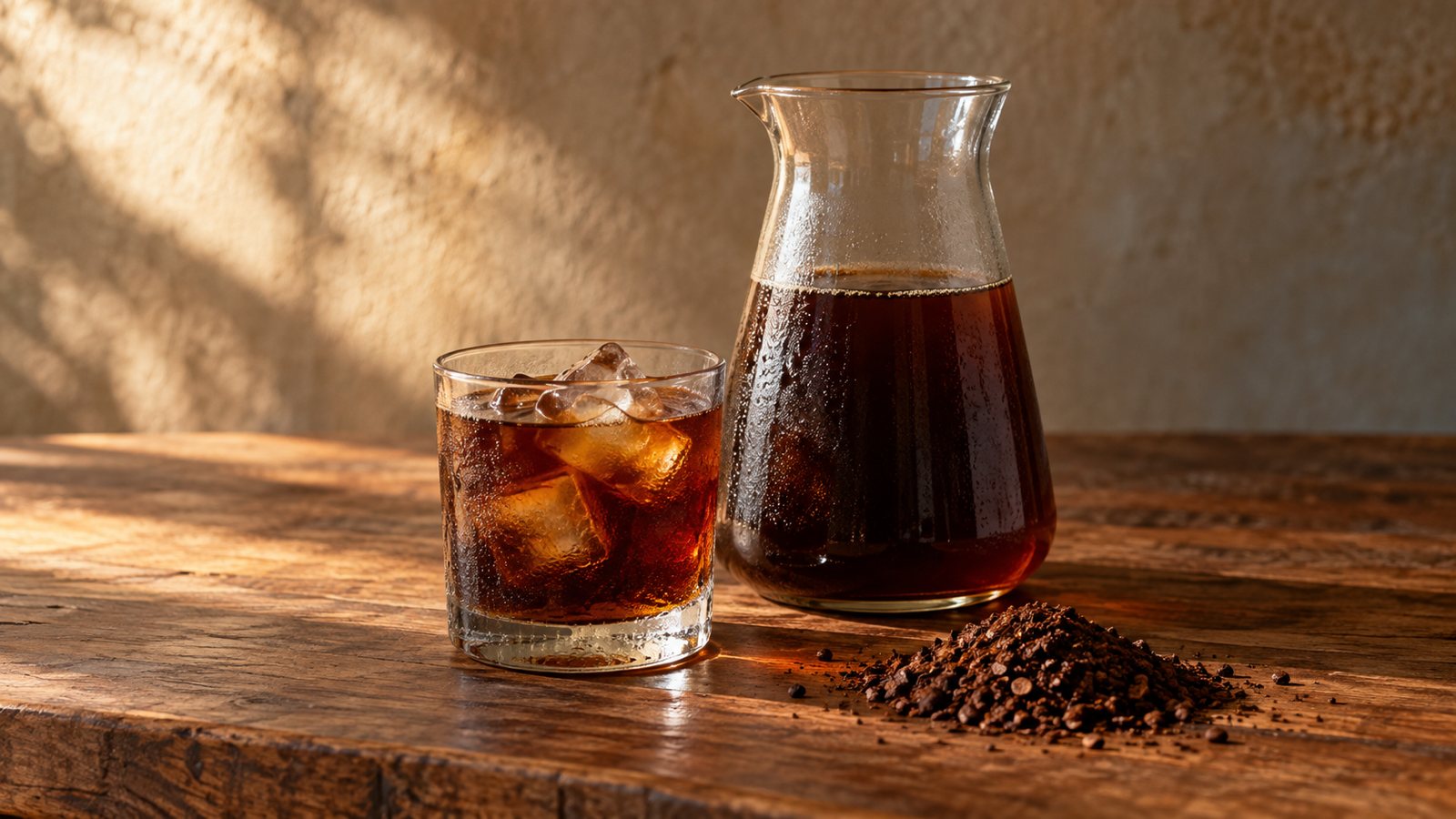 Glaskaraffe mit kalt gebrühtem Kaffee, ein Glas mit Eiswürfeln und grob gemahlener Kaffee auf Holz