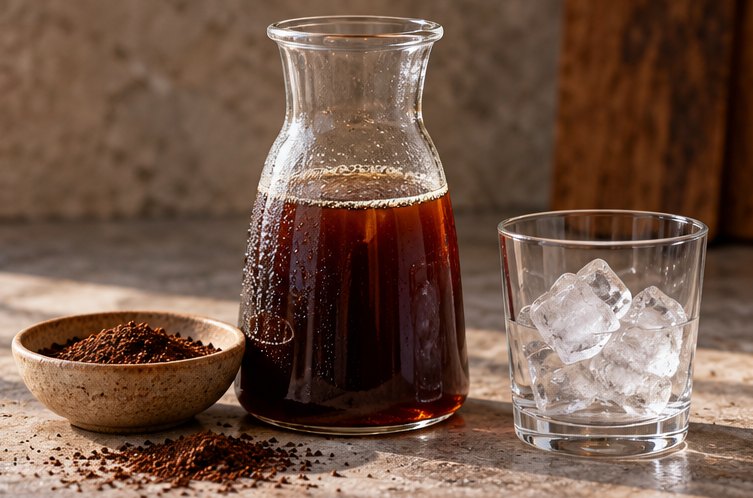 Karaffe mit Cold Brew, grob gemahlener Kaffee und Eiswürfel