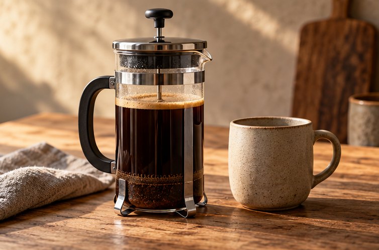 French Press aus Glas neben einer Keramiktasse