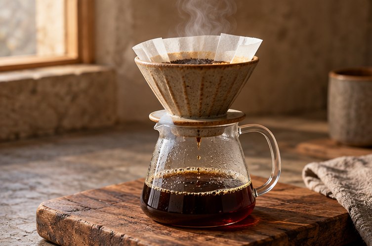 Handfilter aus Keramik auf einer Glaskanne mit Filterkaffee