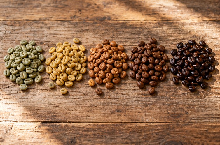 Fünf Röststufen von grünen bis dunkelbraunen Kaffeebohnen