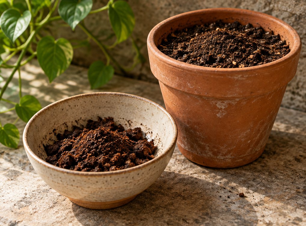Kaffeesatz in einer Schale neben einem Blumentopf