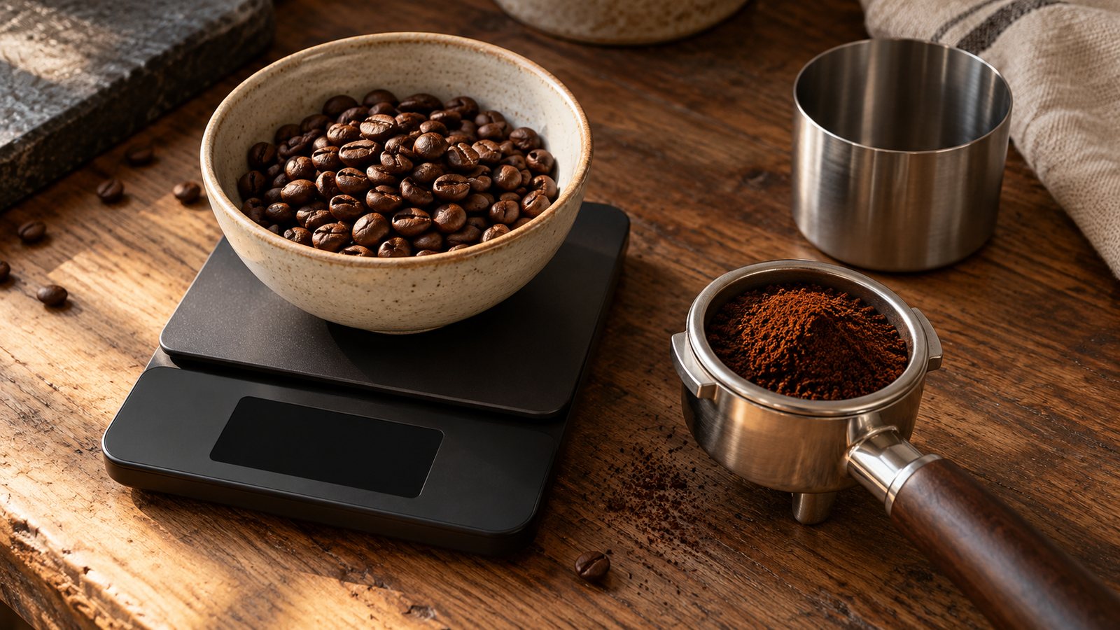 Küchenwaage mit Kaffeebohnen, daneben Siebträger und Dosierbecher
