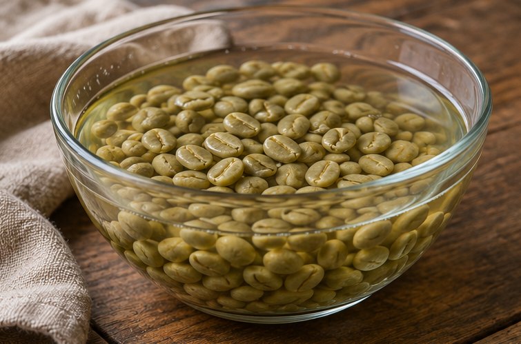 Grüne Rohkaffeebohnen in einer Glasschale mit Wasser
