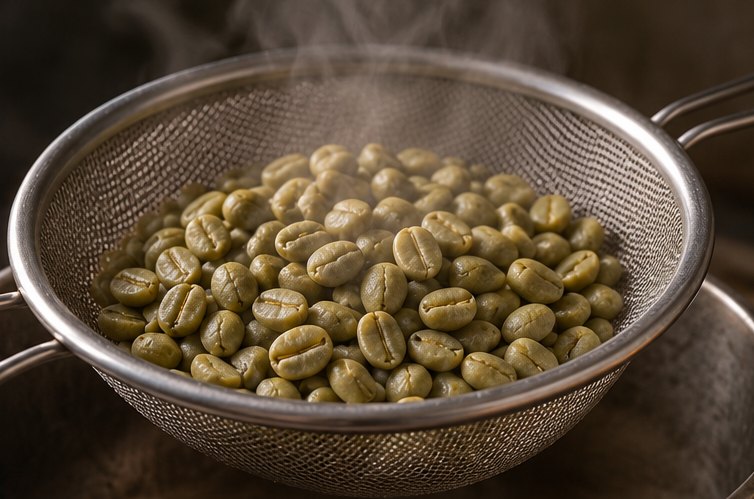Grüne Rohkaffeebohnen in einem Metallsieb, aus dem Dampf aufsteigt