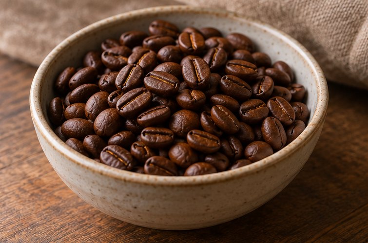 Geröstete Kaffeebohnen in einer Keramikschale