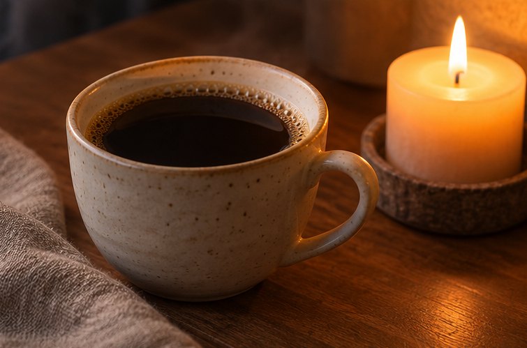 Keramiktasse mit Kaffee neben einer brennenden Kerze am Abend