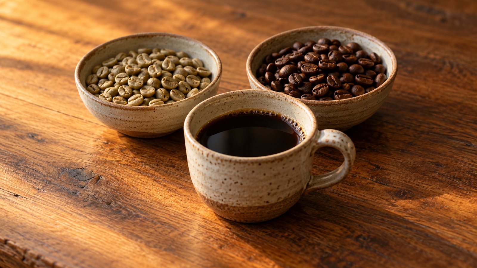 Wie wird Kaffee entkoffeiniert? Zwei Schalen mit grünen und gerösteten Kaffeebohnen, davor eine Keramiktasse mit schwarzem Kaffee
