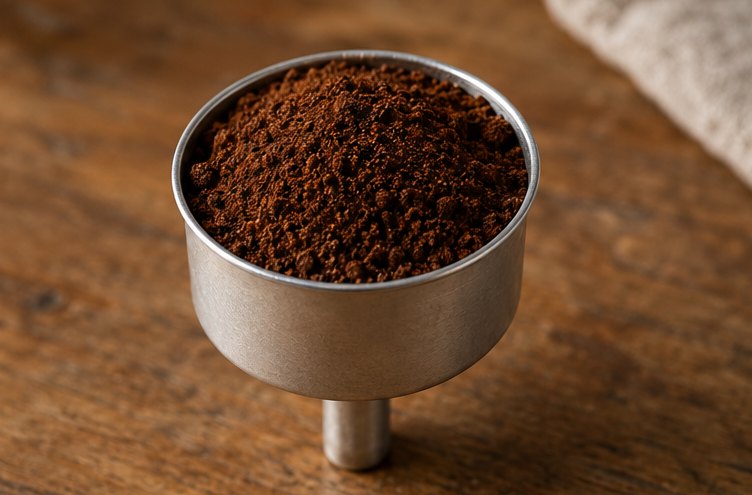 Trichter eines Espressokochers, locker mit Kaffeemehl gefüllt