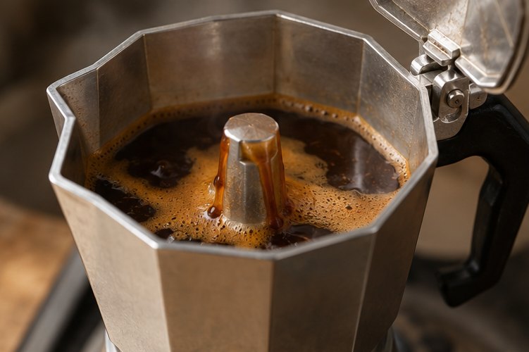Geöffneter Espressokocher, aus dem Steigrohr steigt dunkler Kaffee