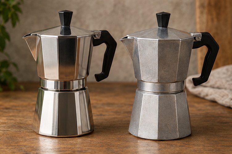 Espressokocher aus Edelstahl neben einem aus Aluminium