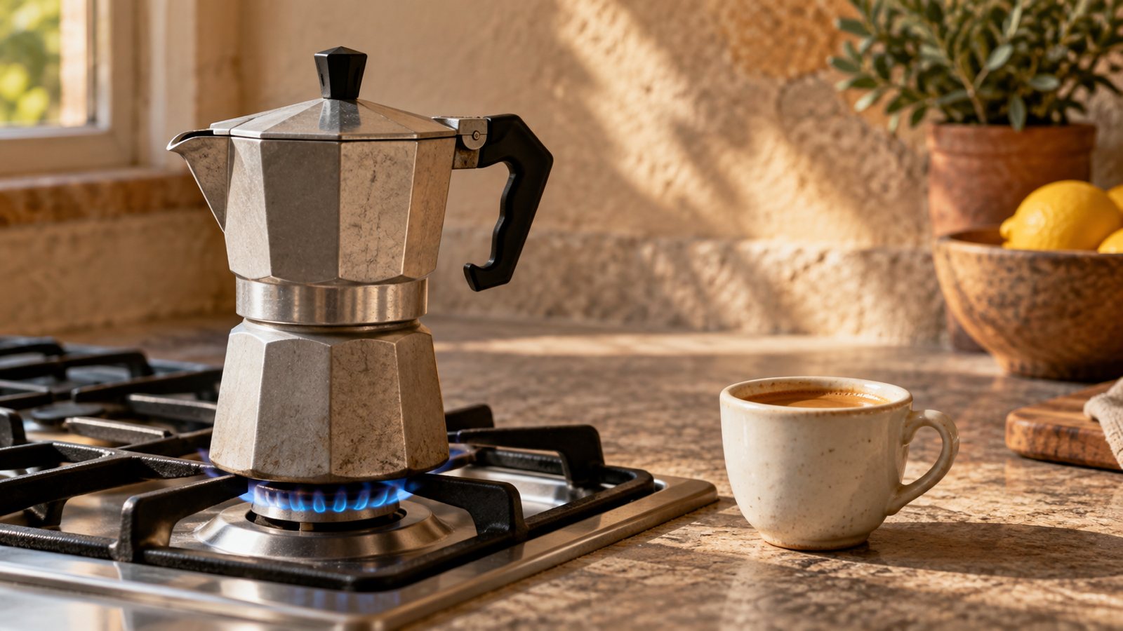 Wie benutzt du einen Espressokocher richtig? Achteckiger Espressokocher aus Aluminium auf einer Gasflamme, daneben eine kleine Espressotasse aus Keramik