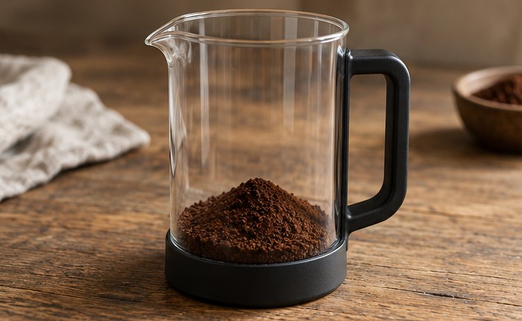 Grob gemahlener Kaffee im Boden einer leeren Glaskanne einer French Press