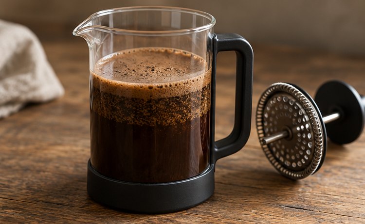 Glaskanne mit Kaffee und einer schaumigen Kruste aus Kaffeemehl, daneben der Deckel mit Stempel