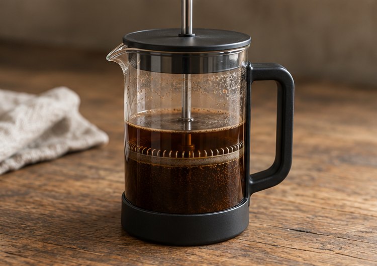 Glaskanne mit eingesetztem Stempel und dunklem Kaffee