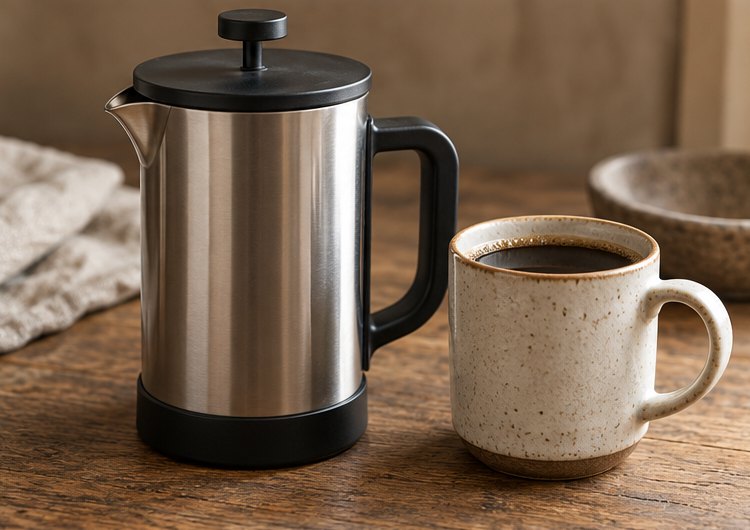 French Press aus Edelstahl neben einem Keramikbecher mit Kaffee