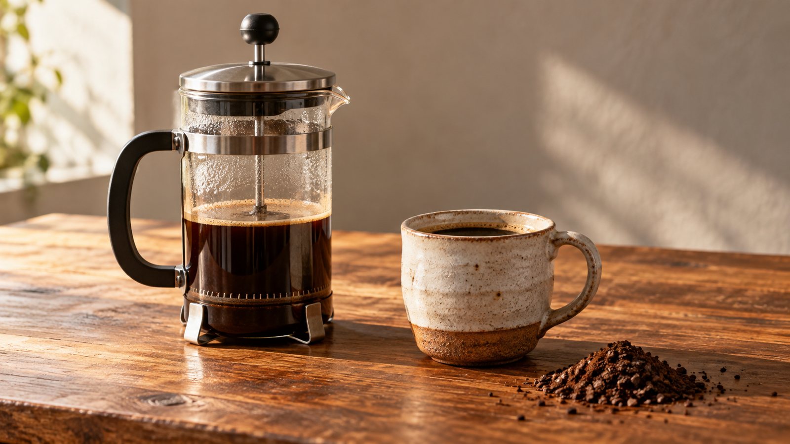 French Press aus Glas mit dunklem Kaffee, daneben eine Keramiktasse mit Kaffee und grob gemahlener Kaffee auf Holz
