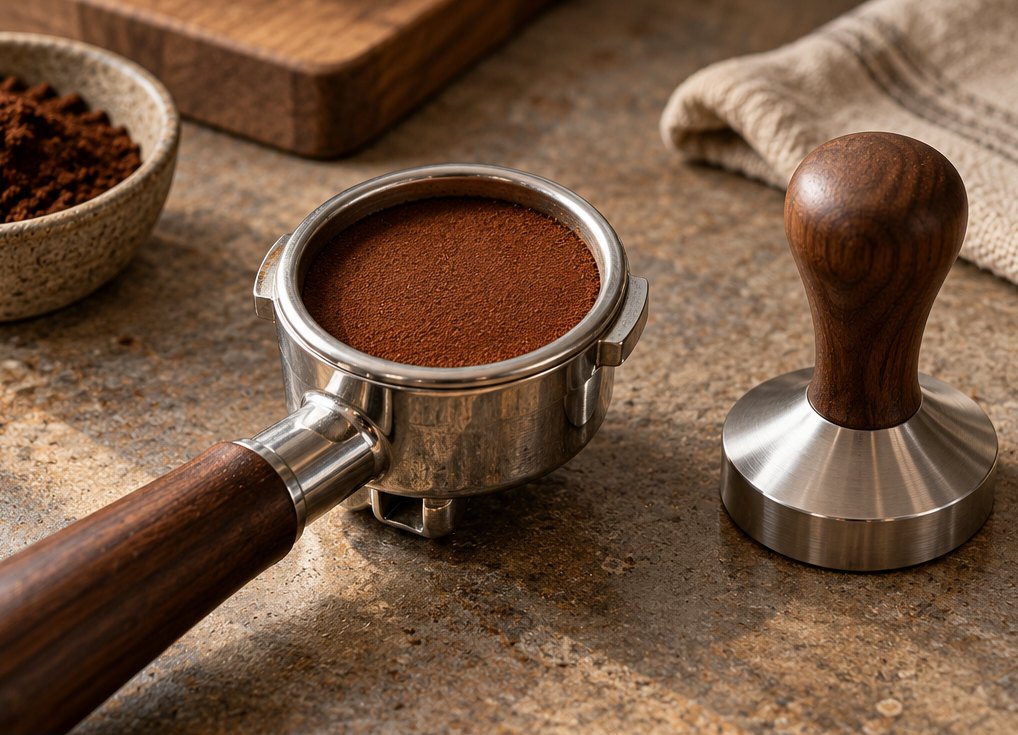 Siebträger mit getamptem Kaffeebett neben einem Tamper