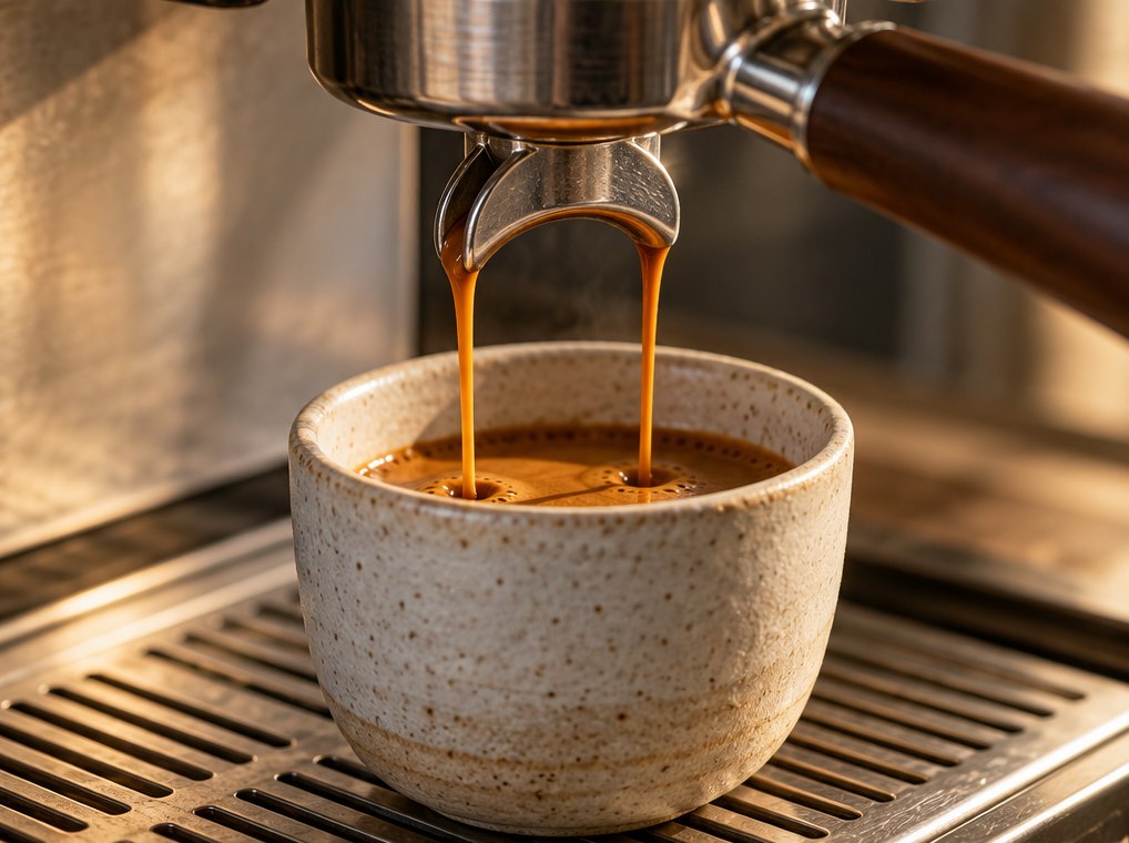 Espresso läuft aus dem Siebträger in eine Keramiktasse