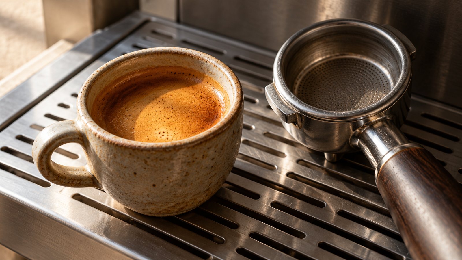 Dickwandige Espressotasse mit Crema neben einem Siebträger