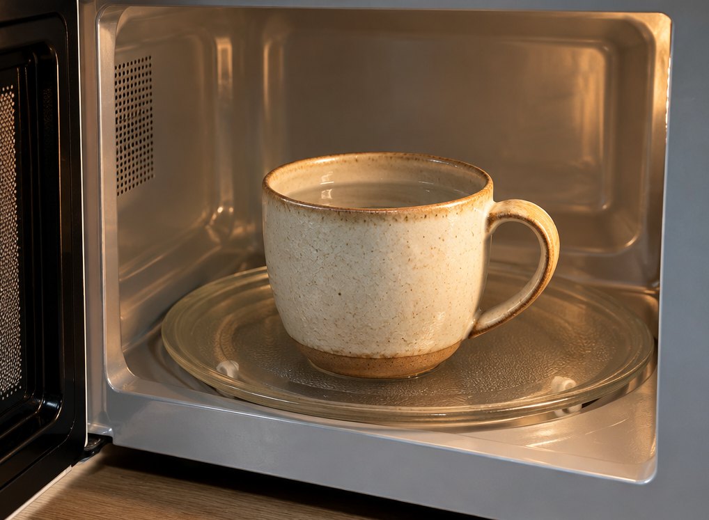 Keramiktasse mit Wasser in einer geöffneten Mikrowelle