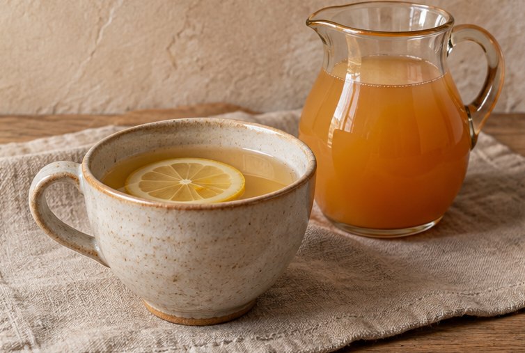 Tasse mit hellem Tee und Zitronenscheibe neben einem Krug Apfelsaft