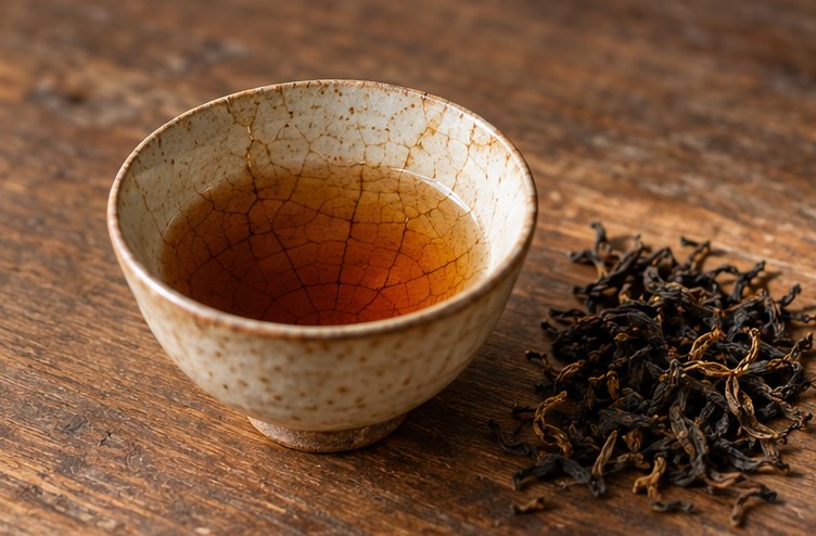 Teetasse mit bräunlich verfärbten Haarrissen, daneben lose Teeblätter