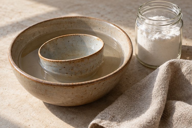 Kleine Keramikschale steht in einer größeren Schale mit Wasser