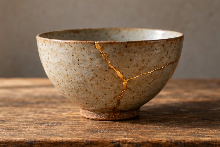 Keramikschale mit einer in Gold reparierten Bruchlinie im Stil von Kintsugi