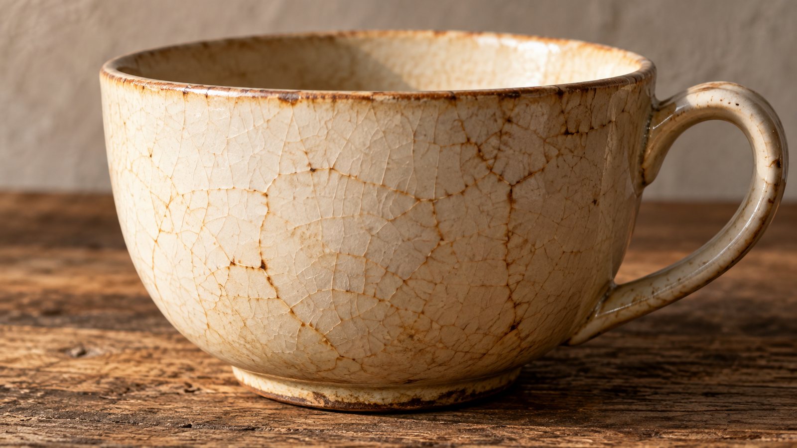 Helle Keramiktasse mit einem feinen Netz aus Haarrissen in der Glasur