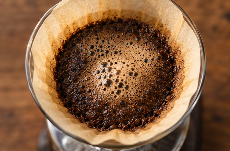 Aufgequollenes Kaffeemehl mit Blasen in einem Handfilter, von oben gesehen