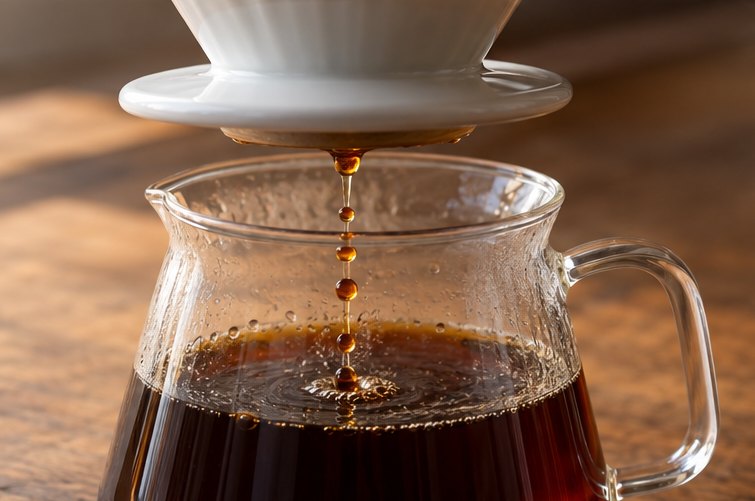 Kaffee tropft aus einem Handfilter in eine Glaskanne