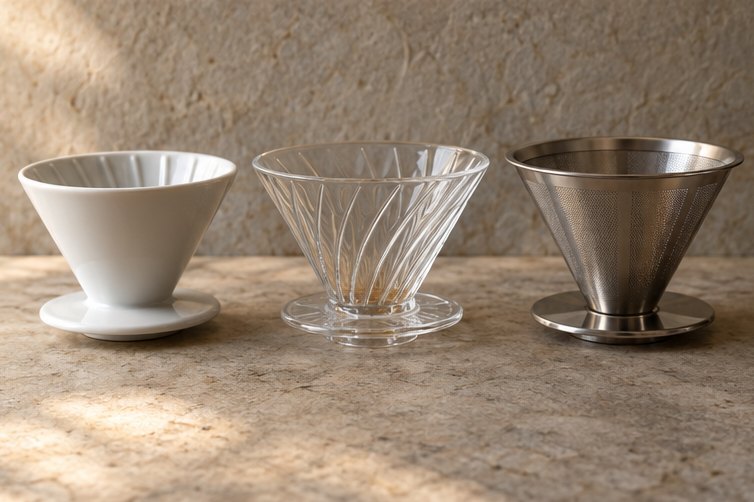 Drei leere Handfilter aus Keramik, Glas und Metall nebeneinander