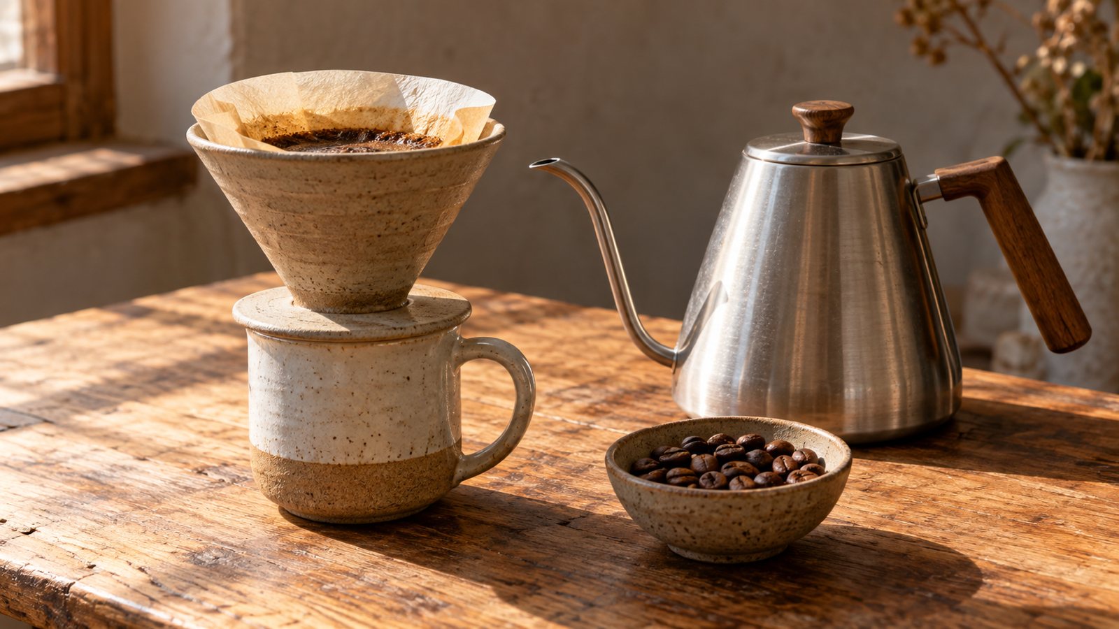 Handfilter aus Keramik mit Papierfilter auf einer Tasse, daneben ein Wasserkessel und ein Schälchen mit Kaffeebohnen